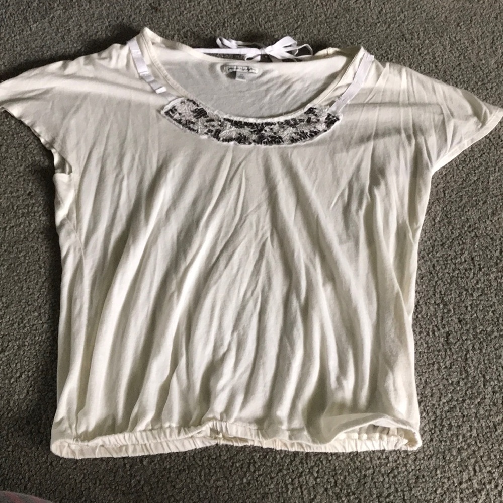 White short sleeve blouse embellished neckline